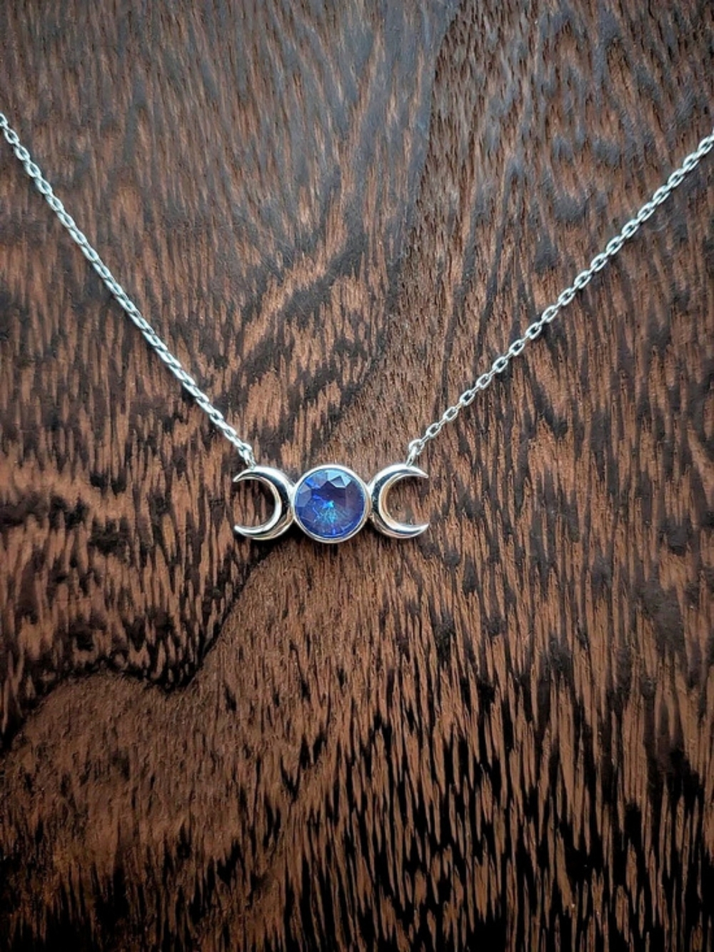Triple Moon Goddess Pendant Necklace Blue Crystal Faux Silver Celestial